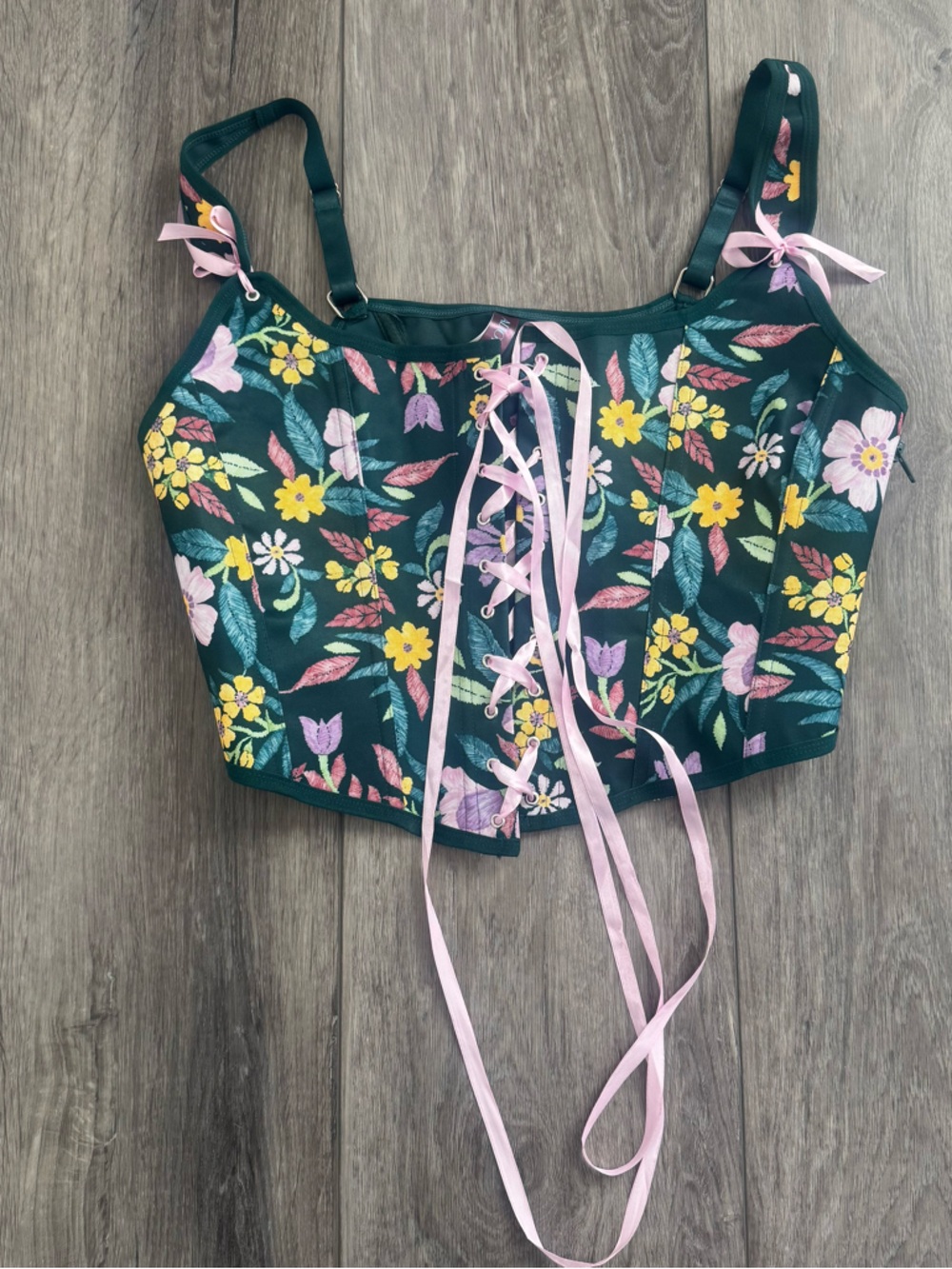 Adore Me Dark Green Floral Lace-Up Bustier with Pink Ribbon